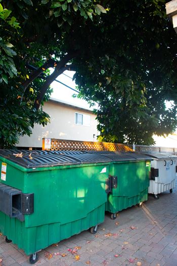 A green dumpster is parked on a brick sidewalk.